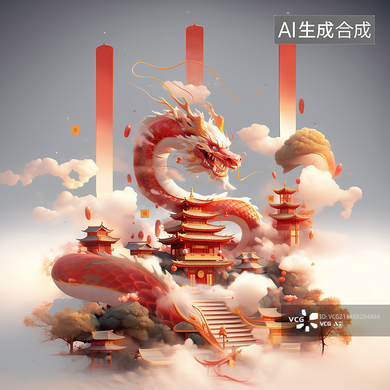 【AI数字艺术】ai天庭中国建筑龙图片素材