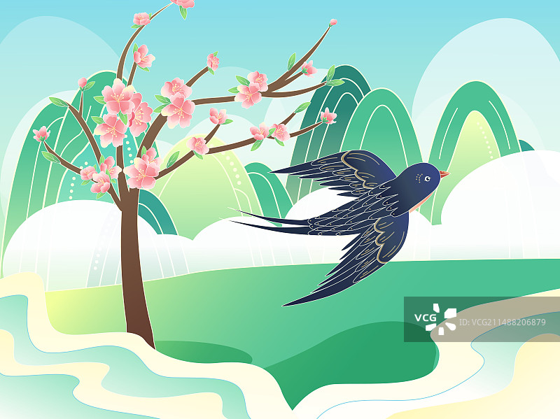 国潮春天桃花树燕子插画图片素材