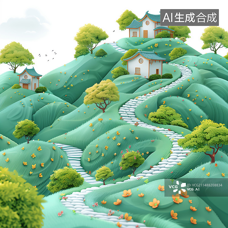 【AI数字艺术】插画风格，微缩场景，新式农村，美好家园图片素材