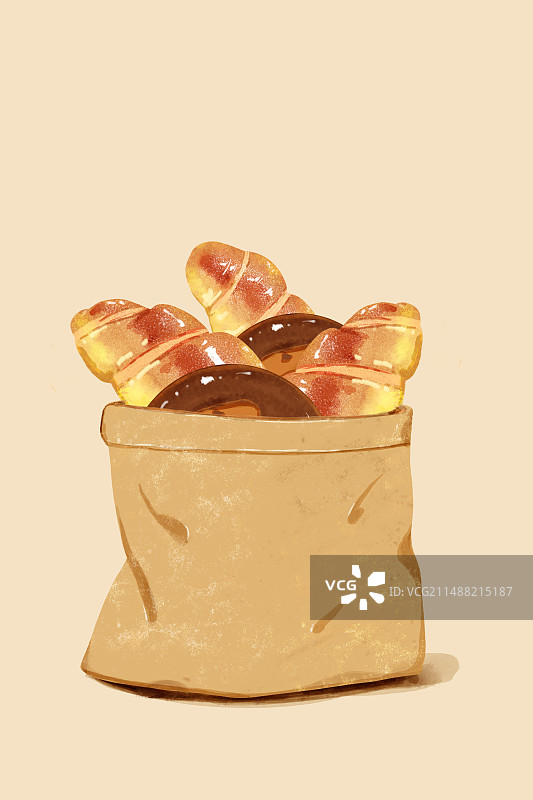 手绘静物牛皮纸袋和面包插画图片素材