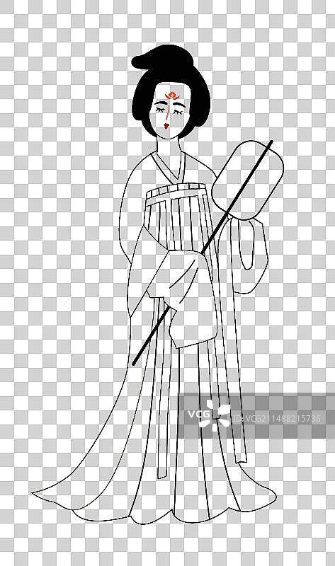 线稿描线线条唐装女子正面插画元素堕马髻女子持扇站立图片素材