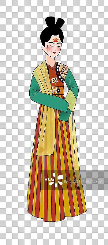 描线线条唐装女子正面插画元素绿襦红黄间色裙汉服唐装三件套女子图片素材