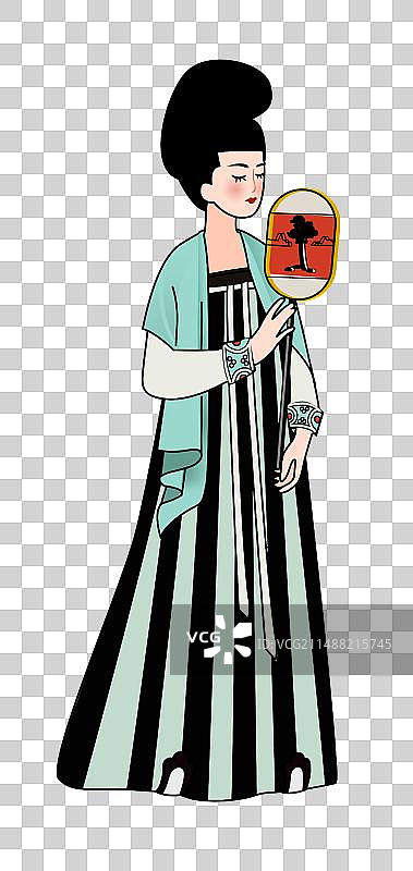 描线线条唐装女子正面插画元素高髻持团扇蓝色间裙侍女图片素材