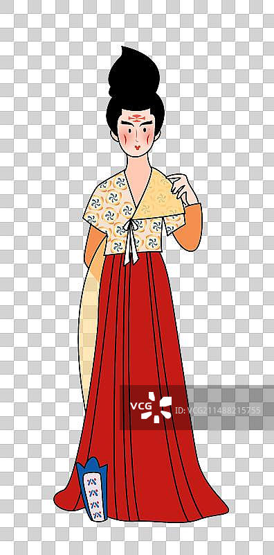 描线线条唐装女子正面插画元素红裙唐舞伎女子图片素材