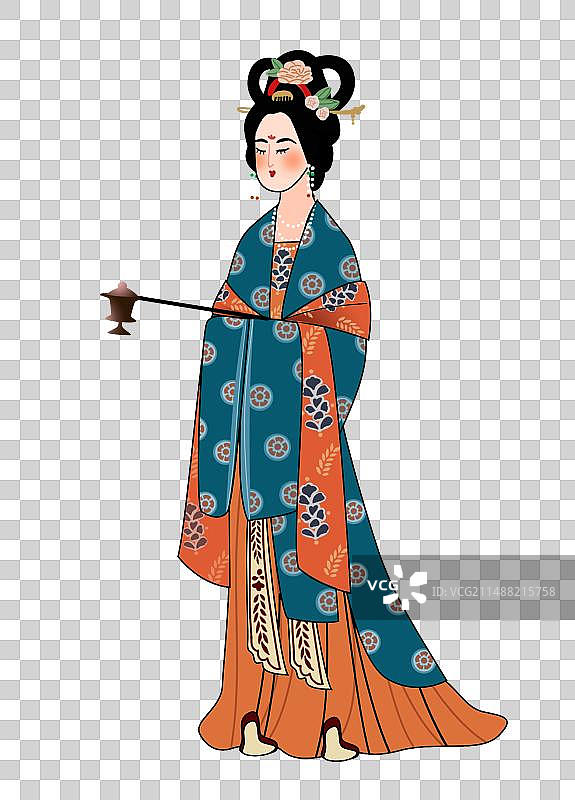 描线线条唐装女子正面插画元素簪花仕女提灯笼图片素材