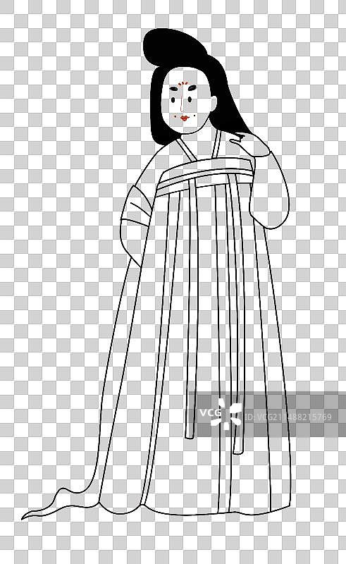线稿描线线条唐装女子正面插画元素襦裙唐风丰腴胖女子图片素材