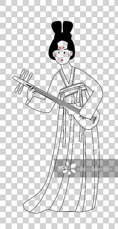 线稿描线线条唐装女子正面插画元素图片素材