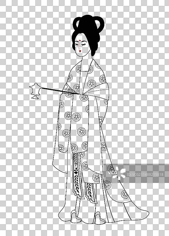 线稿描线线条唐装女子正面插画元素簪花仕女提灯笼图片素材