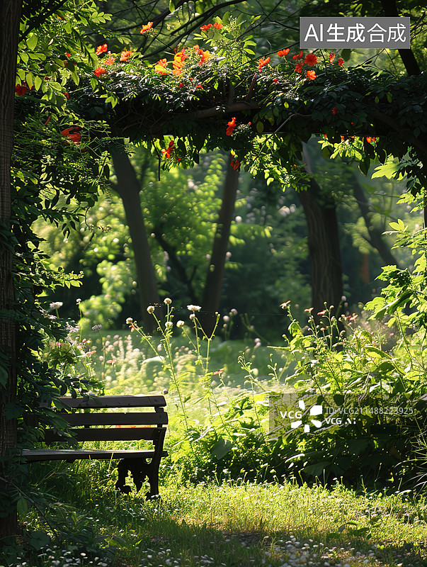 【AI数字艺术】秋天公园里的空长凳图片素材
