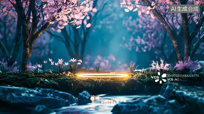 【AI数字艺术】春天的樱花夜晚发光图片素材