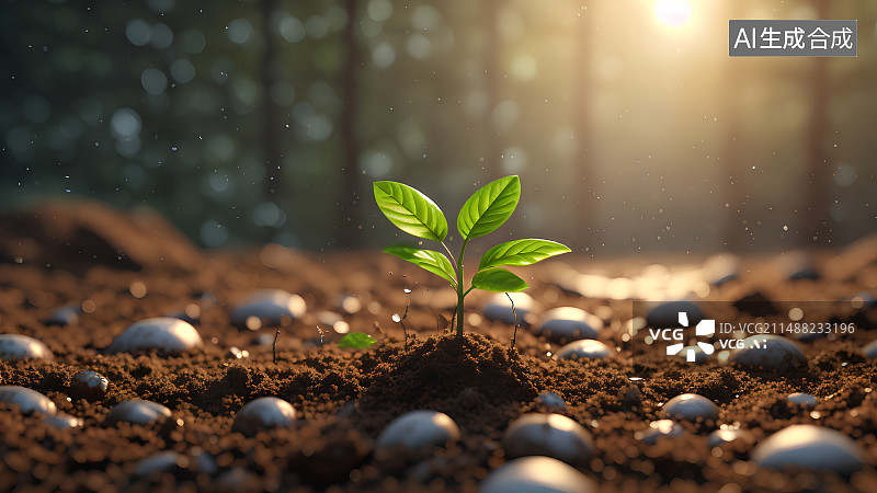 【AI数字艺术】森林里在阳光雨露滋养下发芽的种子图片素材