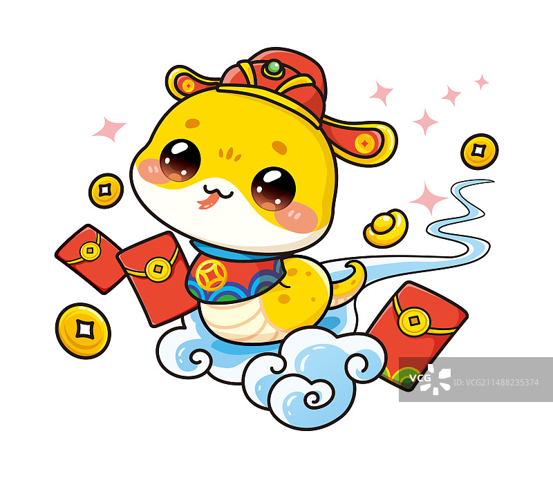 蛇年Q版可爱小蛇之脚踏祥云升官发财红包来来来图片素材