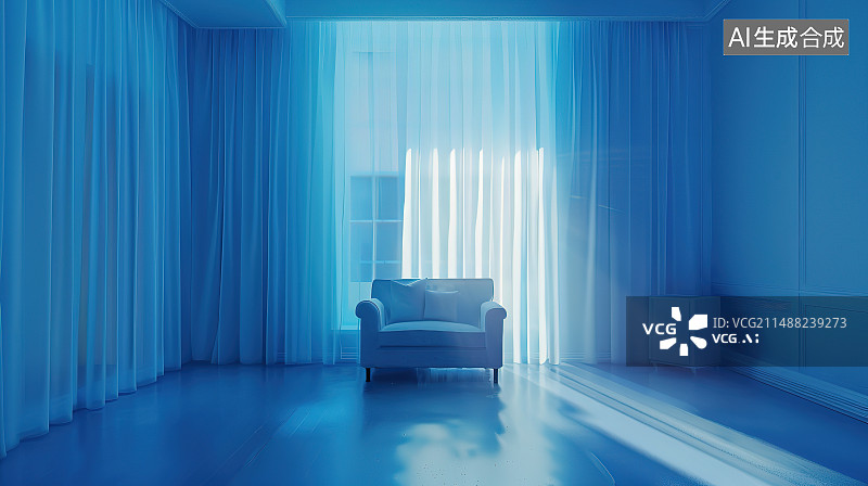 【AI数字艺术】蓝色房间里的空椅子图片素材