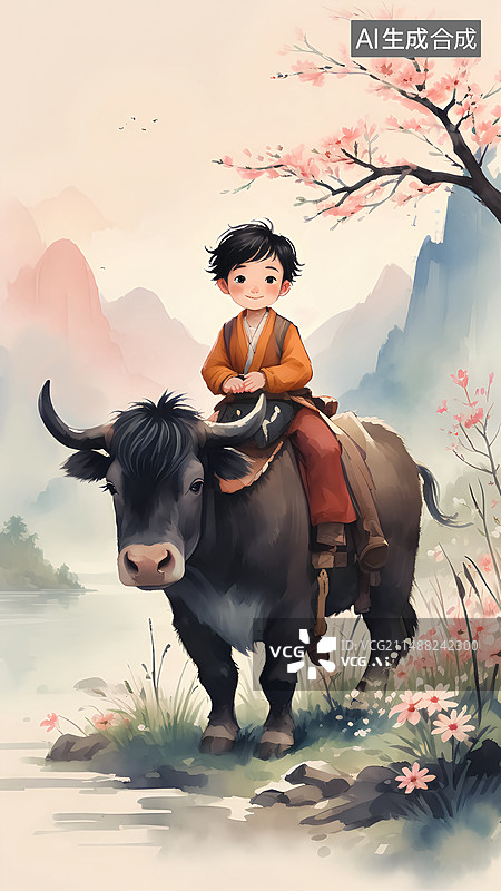 【AI数字艺术】春天桃花牧童黄牛插画图片素材