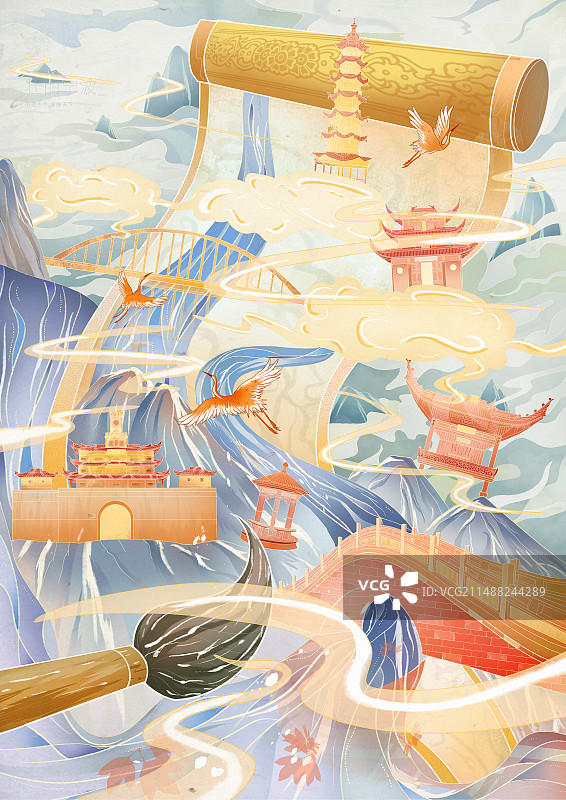 宁波地标群鼓楼国风插画（源文件可调）图片素材