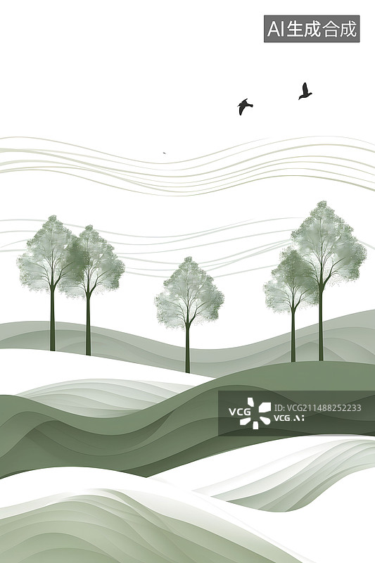 【AI数字艺术】山坡上的树林 插画图片素材