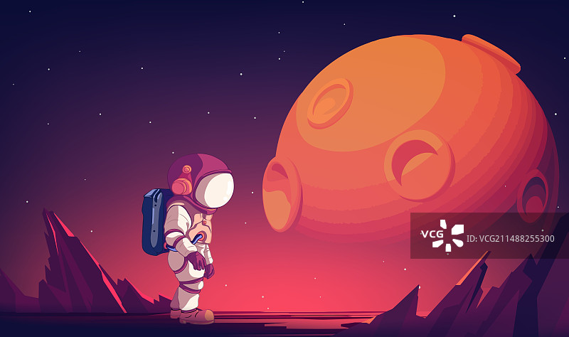 宇航员探索太空的横版插图背景是星空与星球图片素材