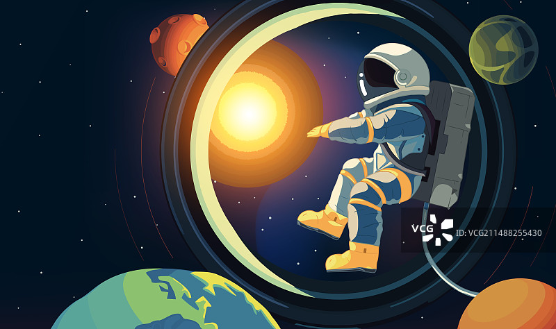 宇航员探索太空的横版插图背景是星空与星球图片素材