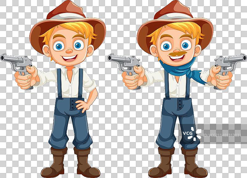 年轻牛仔身穿乡村农夫服装，手持枪图片素材