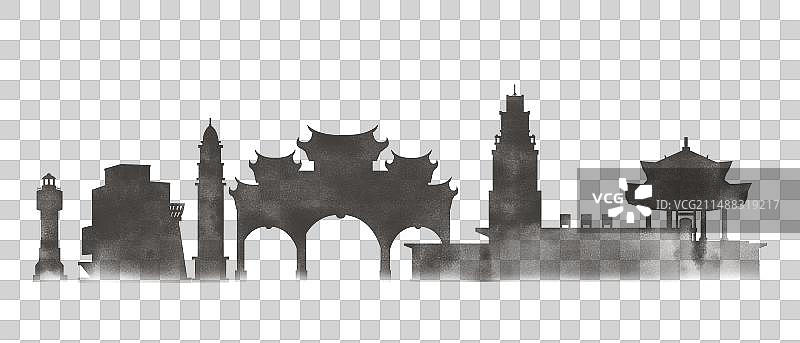 汕尾国风水墨诗意城市淡雅渐变黑白城市剪影图片素材