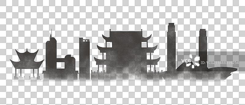 长沙国风水墨诗意城市淡雅渐变黑白城市剪影图片素材