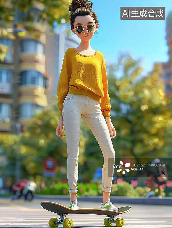 【AI数字艺术】一个穿着时尚的年轻卡通女性在玩滑板车图片素材