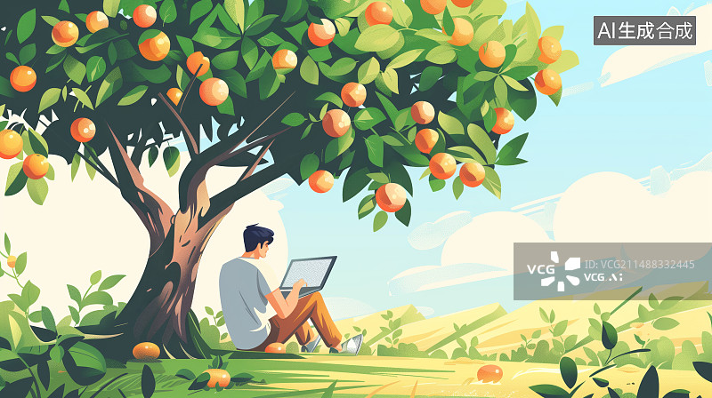【AI数字艺术】男人在果树下办公插画场景图片素材