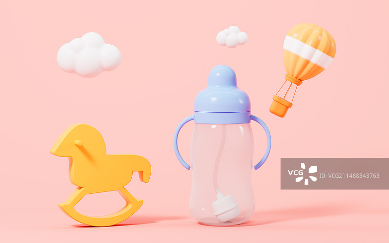 卡通婴儿玩具和奶瓶3D渲染图片素材