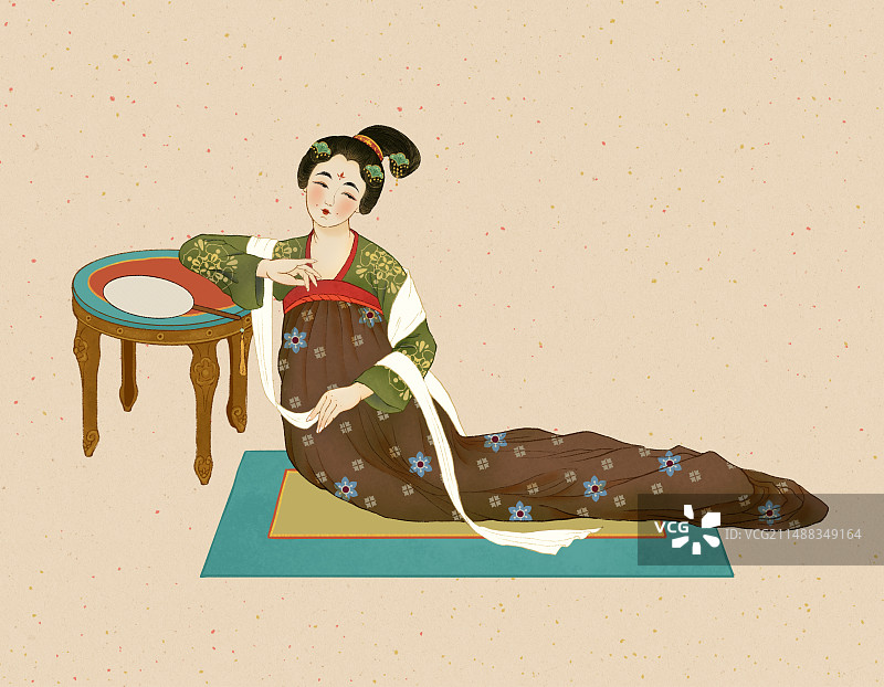 手绘古风人物插画元素，历史人物杨贵妃，唐朝汉服女子坐在地毯上侧靠在凳子上休息。图片素材