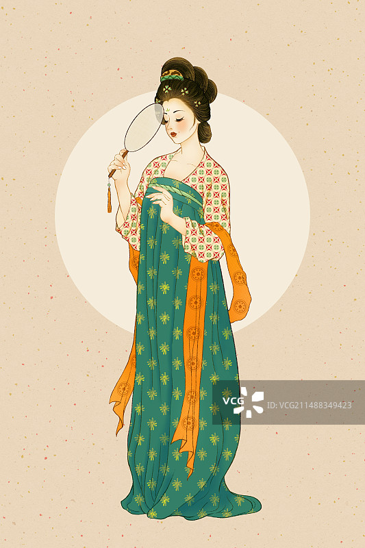 手绘古风人物插画元素，历史人物杨贵妃，身穿唐朝汉服的美丽女子拿着扇子半遮住脸。图片素材