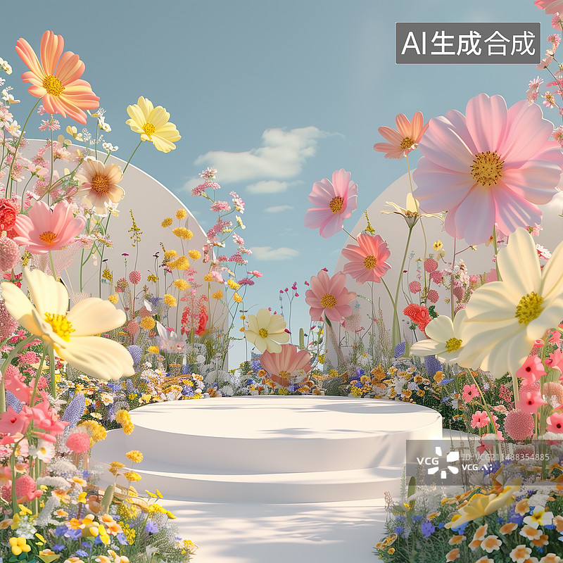 【AI数字艺术】电商背景，产品展示台，春天花海氛围图片素材