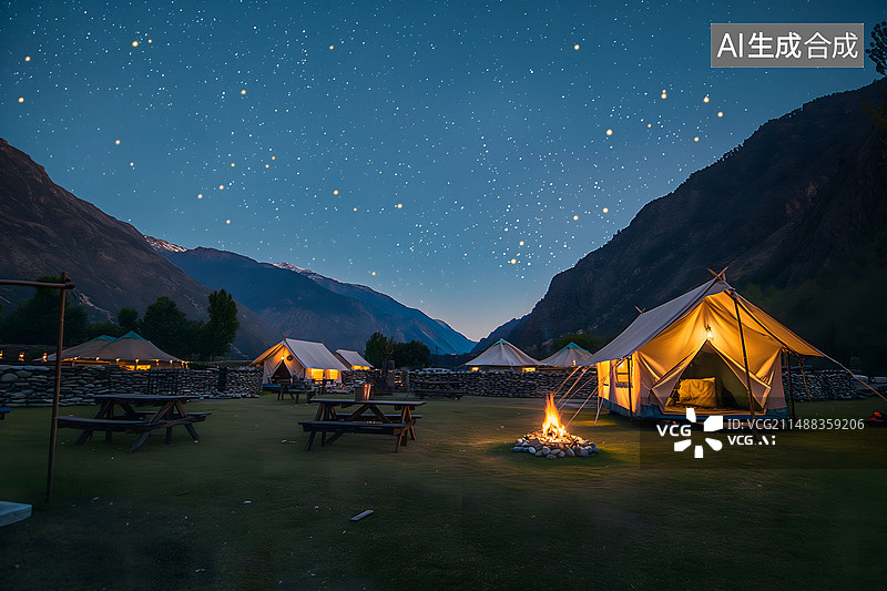 【AI数字艺术】在户外搭帐篷看星空 露营灯光璀璨图片素材