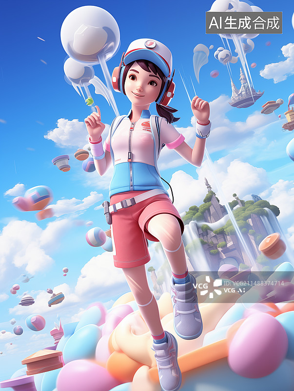 【AI数字艺术】快乐时尚美少女，女孩在草地上迎着天空跳跃的全长，购物主题，运动主题，活力四射，背景图片素材