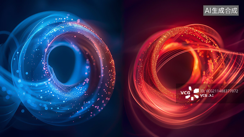 【AI数字艺术】黑色背景下光线轨迹，冷暖色冰与火概念背景图片素材