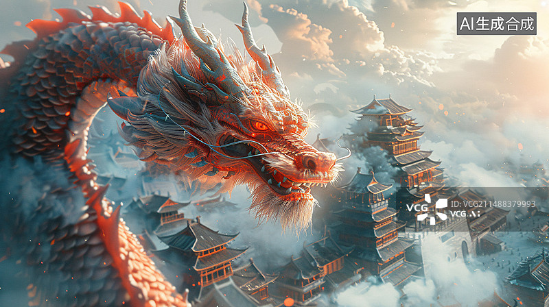 【AI数字艺术】中国龙元素游戏CG场景插画， 端午节春节传统节日龙插图图片素材