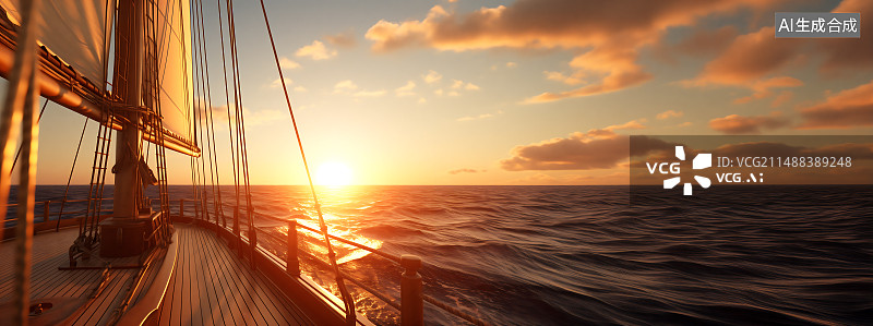 【AI数字艺术】朝阳下乘风破浪的帆船背景图片素材