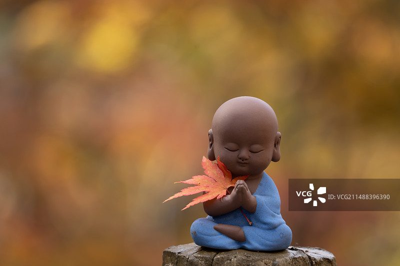 秋天枫叶上的玩具特写镜头图片素材