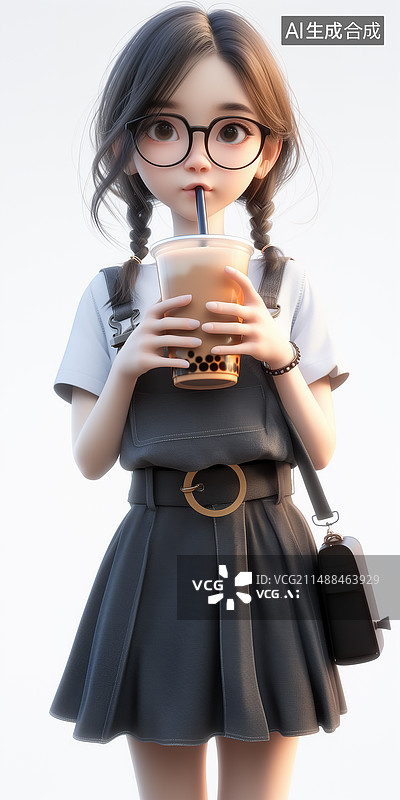 【AI数字艺术】白色背景下拿着饮料的女孩的肖像图片素材