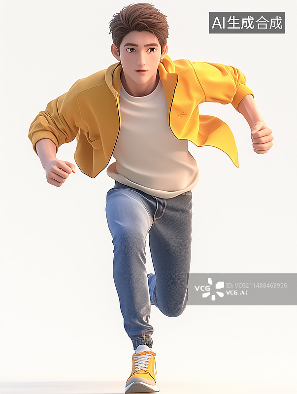 【AI数字艺术】白色背景下穿着黄色衣服奔跑的年轻人的肖像图片素材