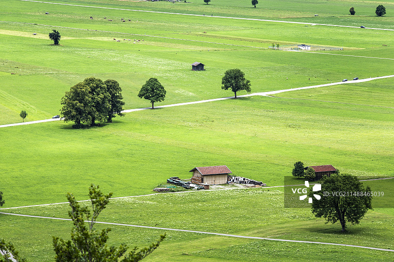 欧洲德国巴伐利亚州新天鹅堡山下的田园风光图片素材