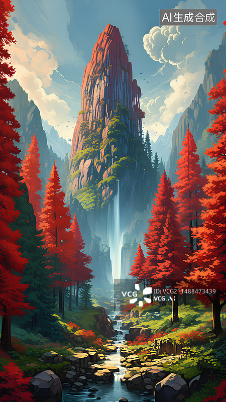 【AI数字艺术】红杉林山水插画图片素材