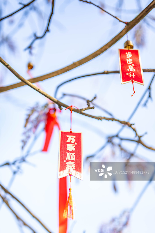 树上悬挂的万事如意许愿牌图片素材