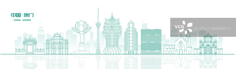 澳门城市建筑地标绿色线稿矢量插画海报图片素材