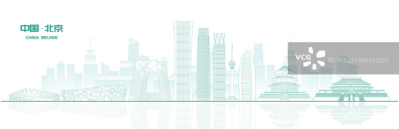 北京城市建筑地标绿色线稿矢量插画海报图片素材