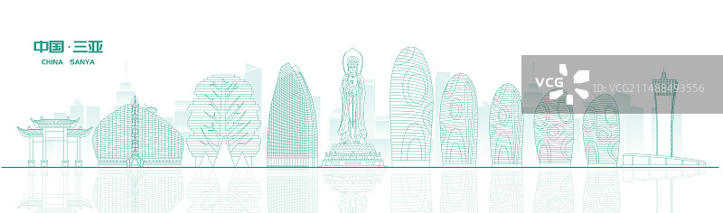 三亚城市建筑地标绿色线稿矢量插画海报图片素材
