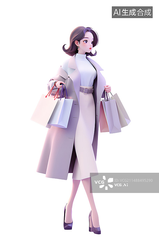【AI数字艺术】3D购物女孩 白色背景图片素材