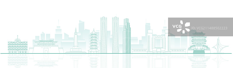 南昌城市建筑地标绿色线稿矢量插画海报图片素材
