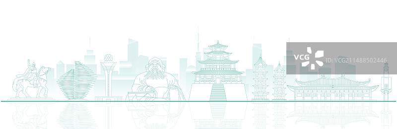 泉州城市建筑地标绿色线稿矢量插画海报图片素材