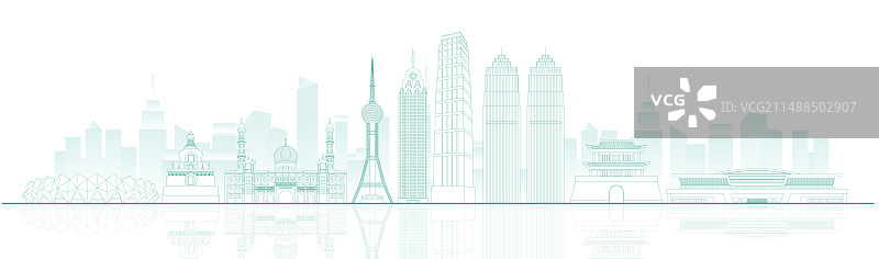 西宁城市建筑地标绿色线稿矢量插画海报图片素材