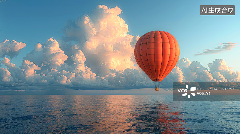 【AI数字艺术】蓝色的海平面，蓝色的天空，一只红色的热气球图片素材